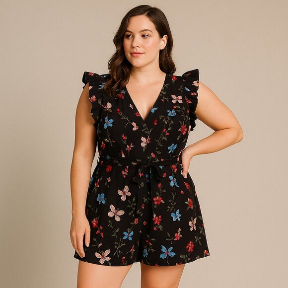 City Chic Pants - Citi Chic Floral Ruffle Black Mini Romper Playsuit Size 20